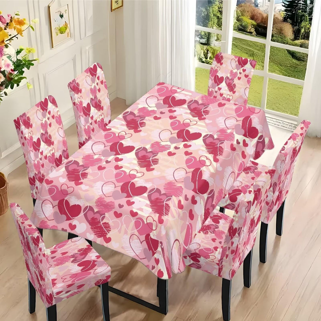 ZDCUSTOM Valentines Table Cloth and Chair Cover Set of 4 Romantic Tablecloths Rectangular Pink Chair Covers for Dining Chairs Stain Resistant Decoration