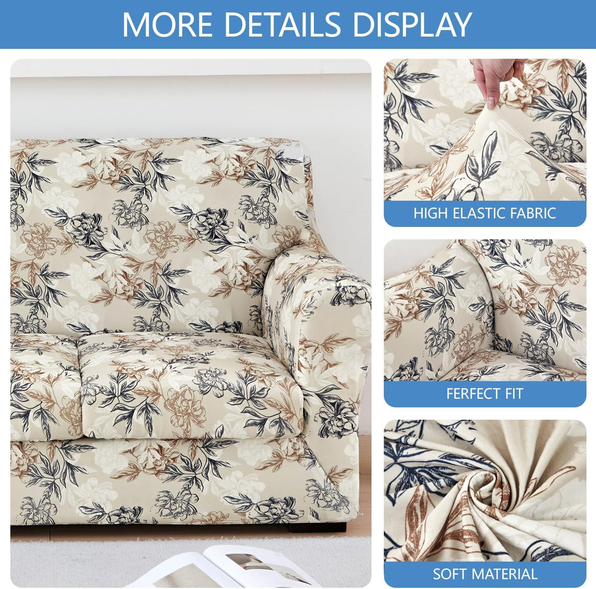 Stretch Printed Sofa Cover Couch Covers, 4-PieceLoveseat Slipcovers with 2 Separate Cushion Cover & 1 Pillow Case, Washable Soft Spandex Furniture Protector for Living Room(Loveseat, Flower)