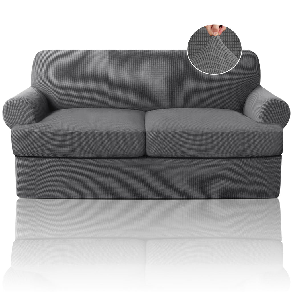 PrinceDeco T Cushion Loveseat Slipcover - 3 Pieces Sofa Cover for 2 Cushion Couch with 2 Individual T Shape Seat Covers Width Up to 76 Inch - Stretch, Machine Washable, Porcelain