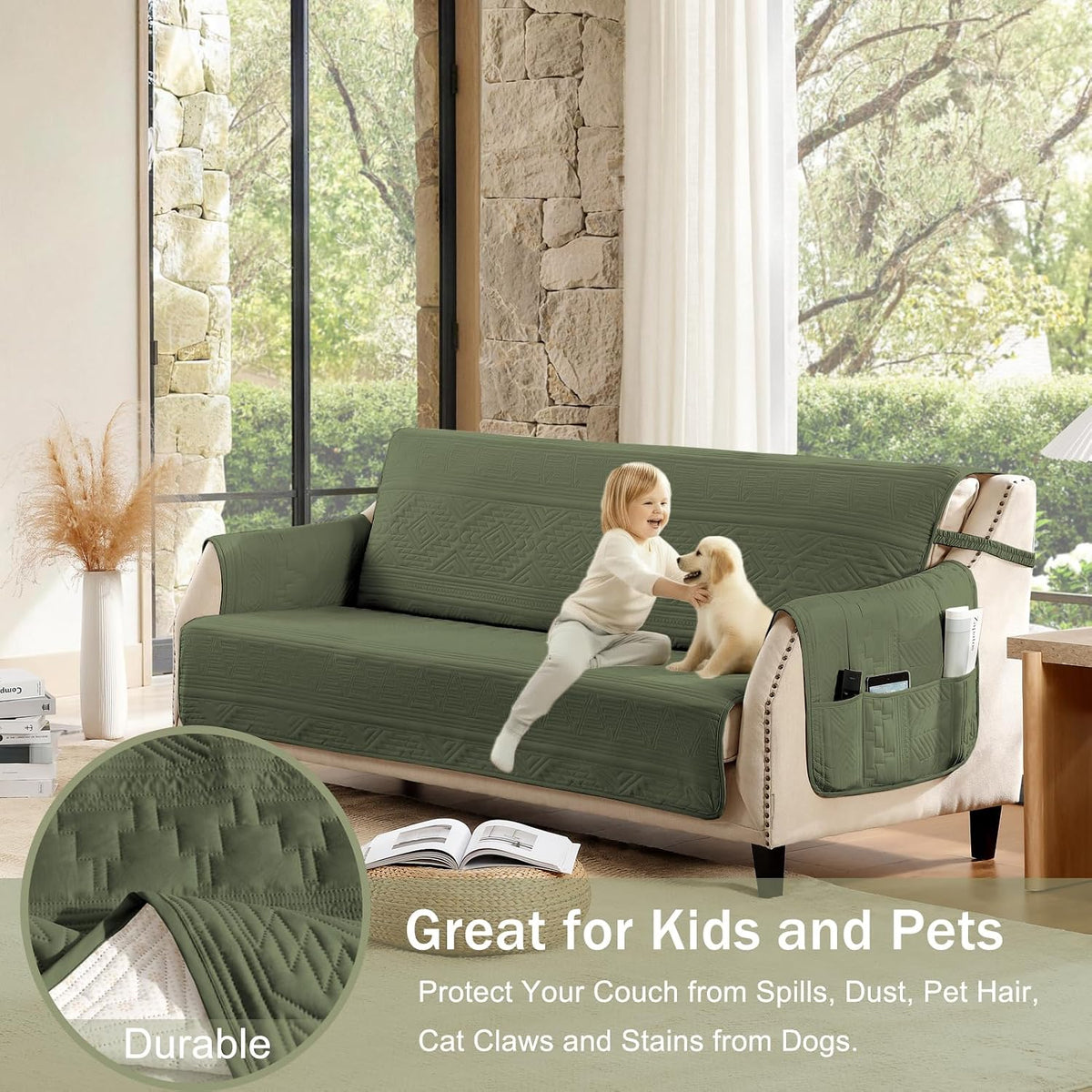Boho Olive Green Loveseat Covers for 2 Cushion Couch, Water-Repellent Aztec Covers for Love Seat, Washable Quilted Couch Covers, Pet Friendly Loveseat Slipcovers (Loveseat 48", Olive Green)