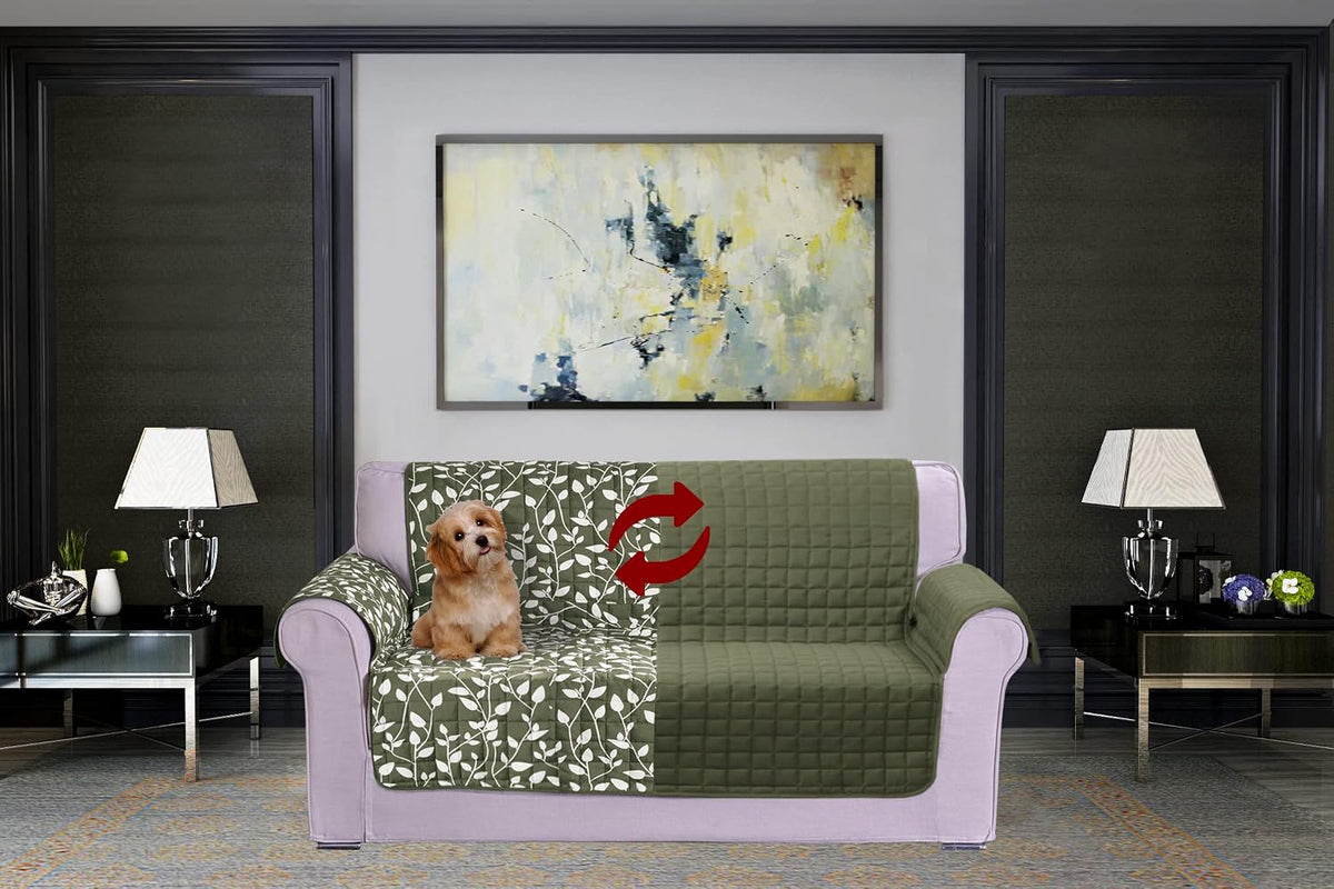 Elegant Comfort Quilted Furniture Protectors Solid and Printed Design Reversible Slipcovers Featuring Elastic Straps and Smart Pockets Great for Pets, Kids and More, Smart Leaf Loveseat, Sage