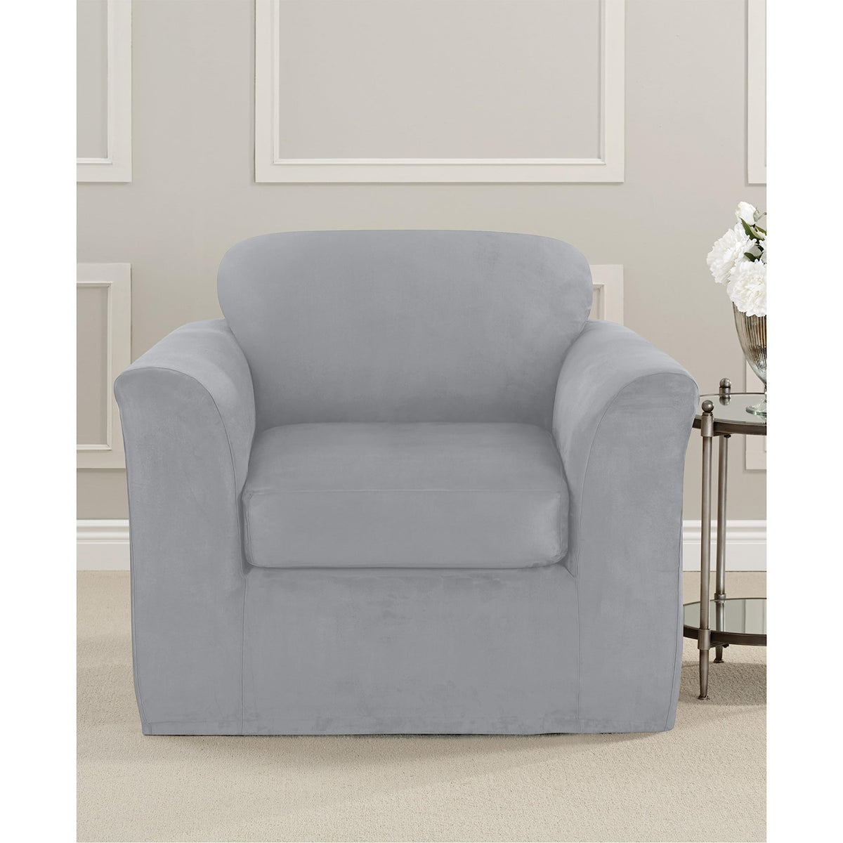 SureFit Home Décor Soft Suede Box Cushion Loveseat One Piece Slipcover, Relaxed Fit, Polyester, Machine Washable, Chocolate Color