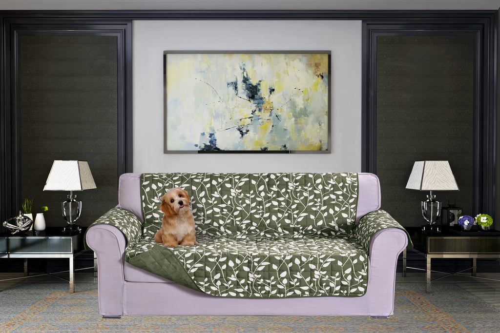 Elegant Comfort Quilted Furniture Protectors Solid and Printed Design Reversible Slipcovers Featuring Elastic Straps and Smart Pockets Great for Pets, Kids and More, Smart Leaf Loveseat, Sage
