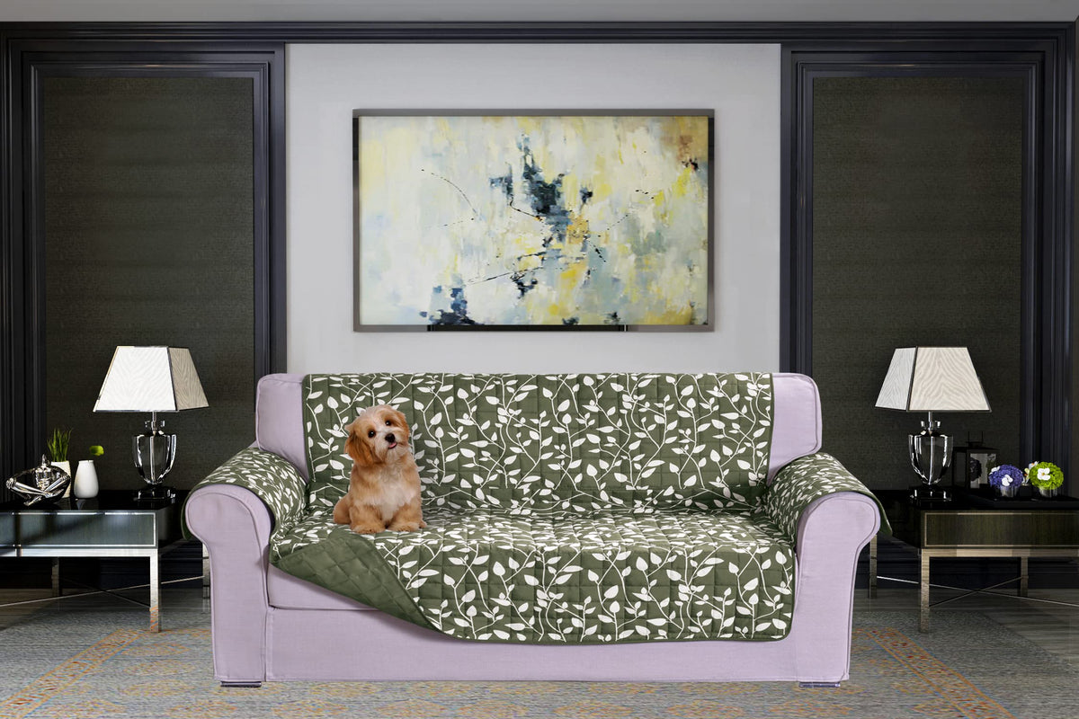 Elegant Comfort Quilted Furniture Protectors Solid and Printed Design Reversible Slipcovers Featuring Elastic Straps and Smart Pockets Great for Pets, Kids and More, Smart Leaf Loveseat, Sage