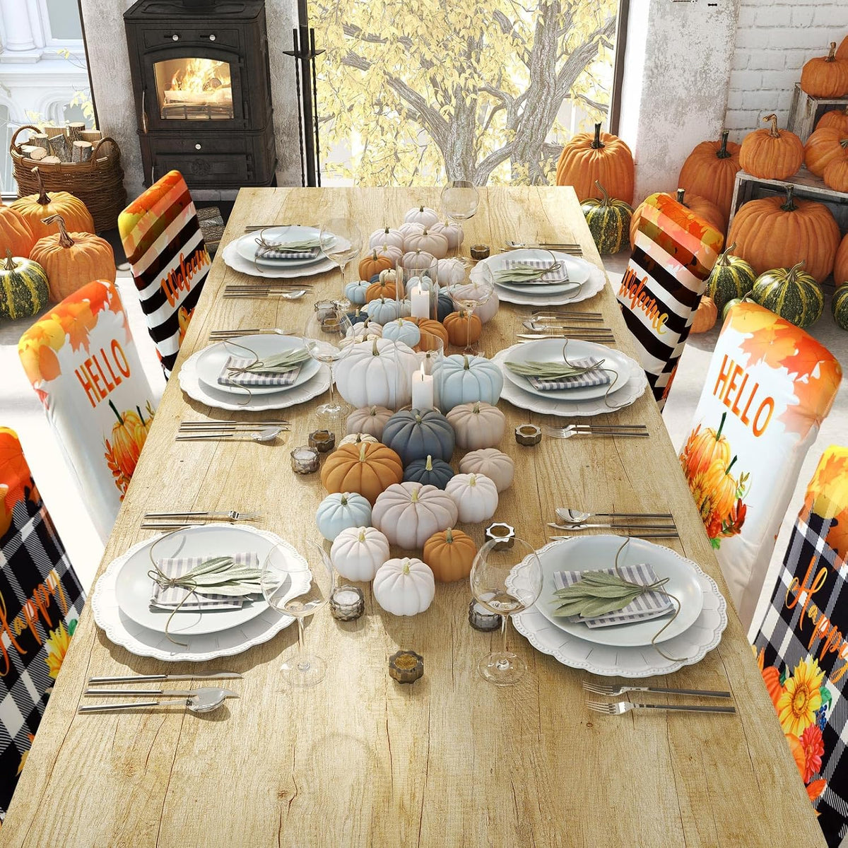 Preboun 6 Pcs Fall Chair Covers Pumpkin Dining Chair Slipcover Thanksgiving
