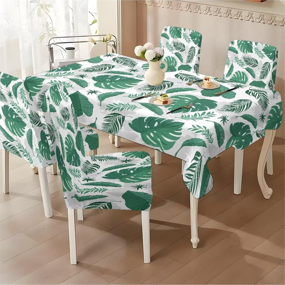 Palm Leaves Rectangular Table Cloth & Dining Chair Covers Set of 5, Stain Resistant Wipeable Chair Protectors for Farmhouse Rustic Home Kitchen Party Decor