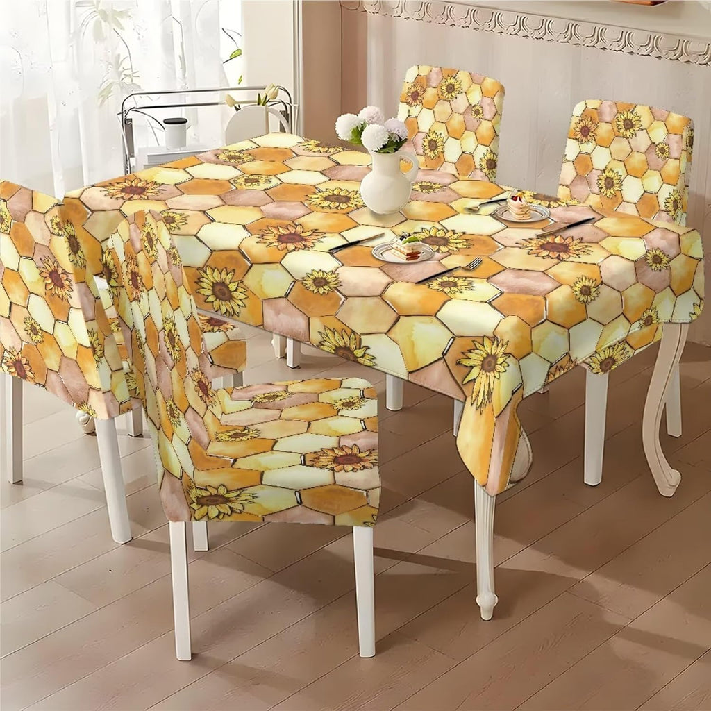 Dining Table Chair Covers 5 Pack, Removable Parsons Chair Slipcovers Dust Proof Tablecloths Scratch Resistant Seat Protector for Dining Room, Sunflower Honeycomb Bee Print Yellow
