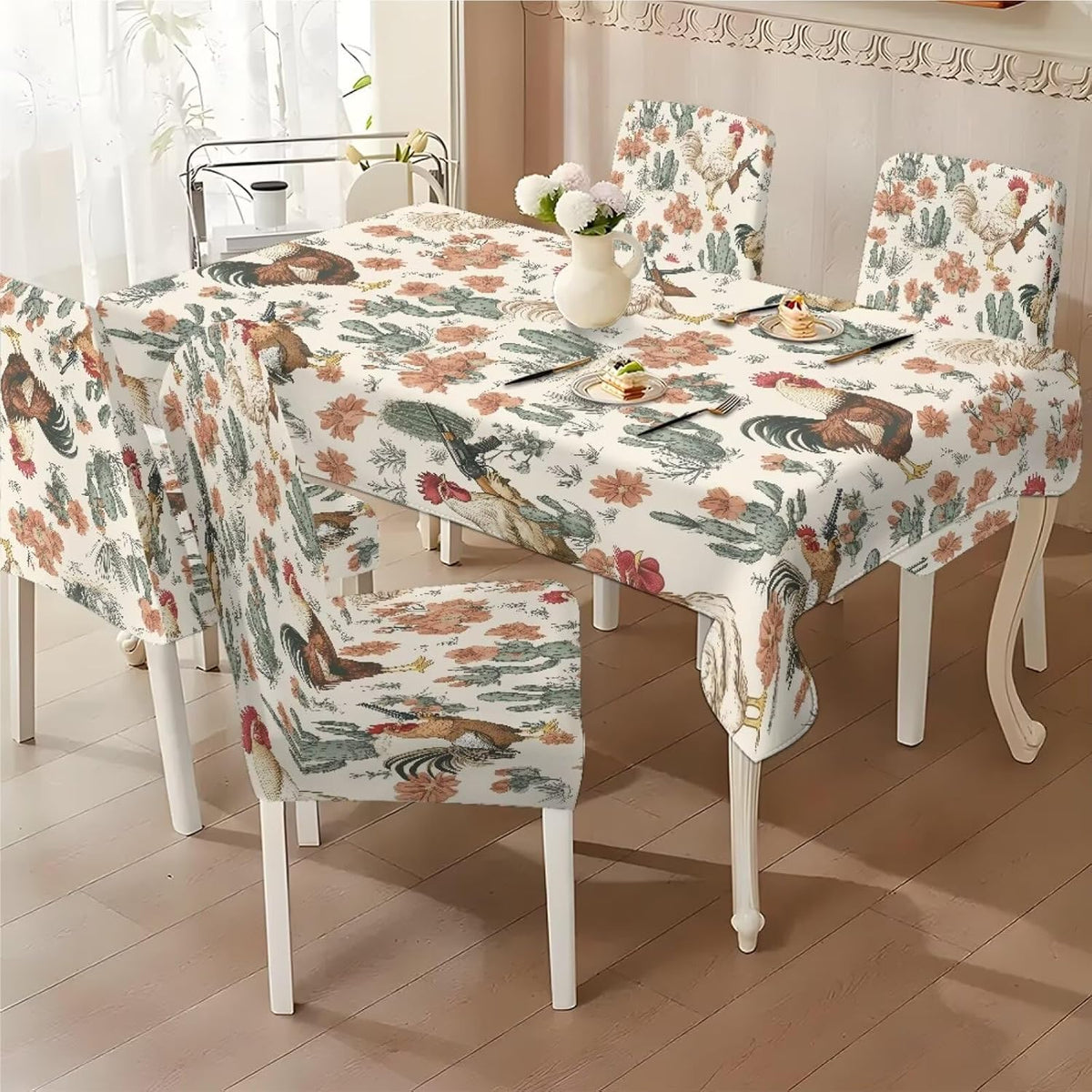 Stain Resistant Tablecloths and Dining Seat Covers Set of 5, Kitchen Chair Slipcovers Washable Table Slipcover Chair Seat Covers for Kitchen Restaurant, Chicken Cactus Print