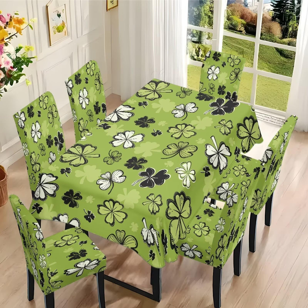 ZDCUSTOM St Patricks Day Table Cloth and Chair Cover Set of 4 Light Green Tablecloths Rectangular Clover Chair Covers for Dining Chairs Stain Resistant Decoration