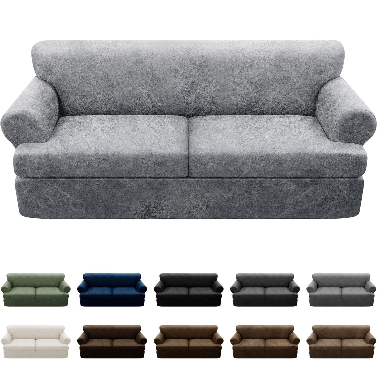 3-Pieces T Cushion Loveseat Slipcovers Leather Look Couch Cover Loveseat Covers for 2 Cushion Couch Furniture Protector Stretch Sofa Cover with 2 Individual T Cushion Seat Covers, Brown