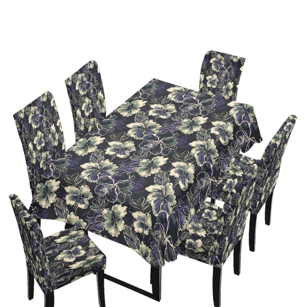 Table Cloth and Dining Chair Covers Set of 5, Kitchen Chair Slipcovers Rectangle Table Cover, Removable Anti-dust Tablecloths Stain Resistant Soft Hotel Decor, Blue Retro Floral