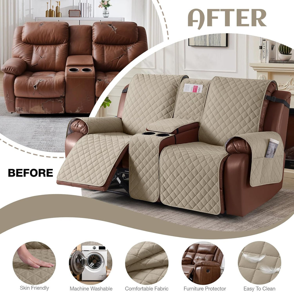 KinCam 100% Waterproof Loveseat Recliner Cover with Console, Khaki