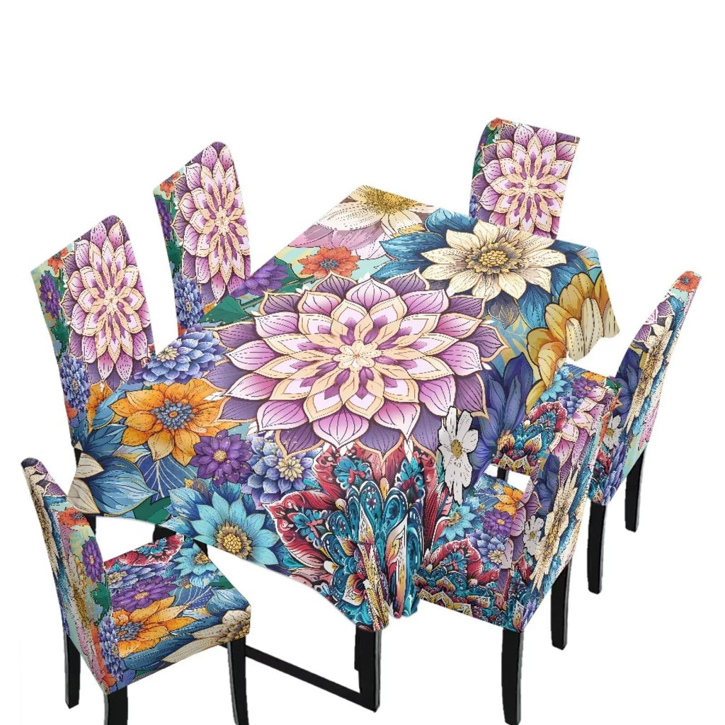 Palm Leaves Rectangular Table Cloth & Dining Chair Covers Set of 5, Stain Resistant Wipeable Chair Protectors for Farmhouse Rustic Home Kitchen Party Decor