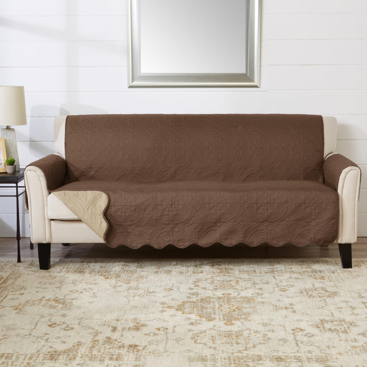 Great Bay Home Reversible Patchwork Sofa Cover - Washable Slipcover Furniture Protector with Elastic Straps - Perfect for Kids & Pets - Box-Stitched Detail (Taupe)