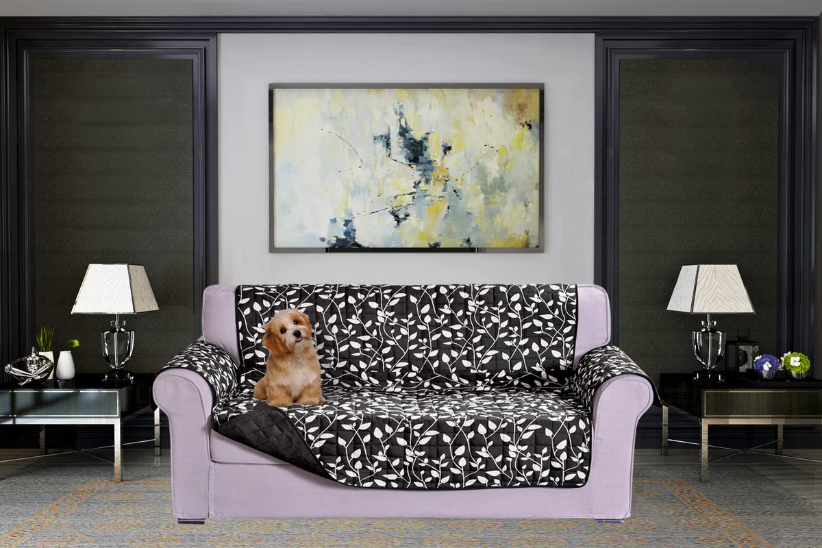 Elegant Comfort Quilted Furniture Protectors Solid and Printed Design Reversible Slipcovers Featuring Elastic Straps and Smart Pockets Great for Pets, Kids and More, Smart Leaf Loveseat, Sage