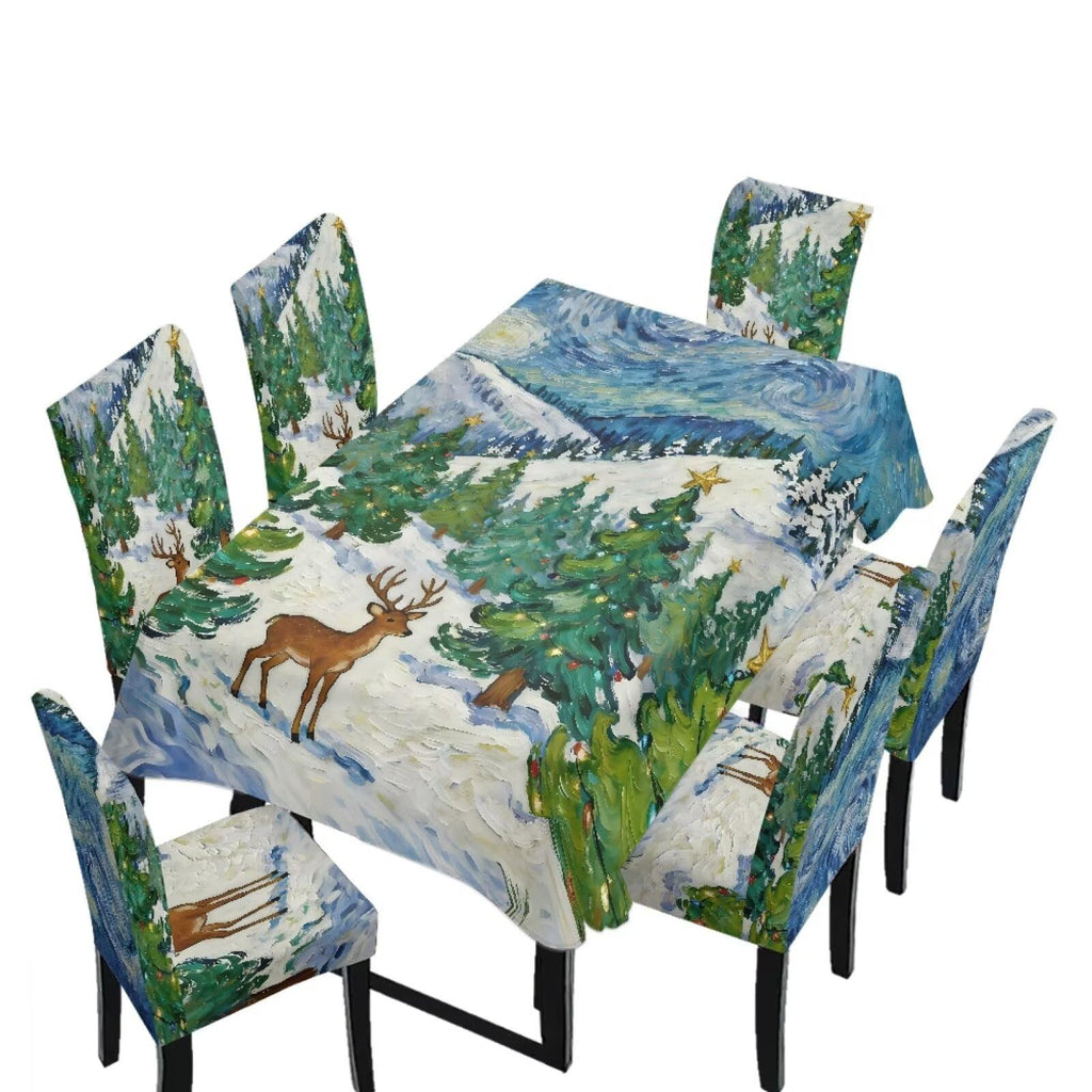 Blue Floral Rectangular Table Cloth & Dining Chair Covers Set of 5, Stain Resistant Wipeable Chair Protectors for Farmhouse Rustic Home Kitchen Party Decor