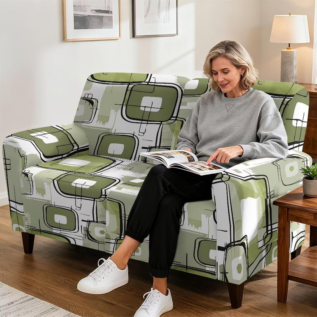 6 Pieces Stretch Recliner Loveseat Covers, Mid-Century Modern Geometric Washable Slipcovers Soft Furniture Protectors with Elastic Bottom for Kids and Pets 2 Seater