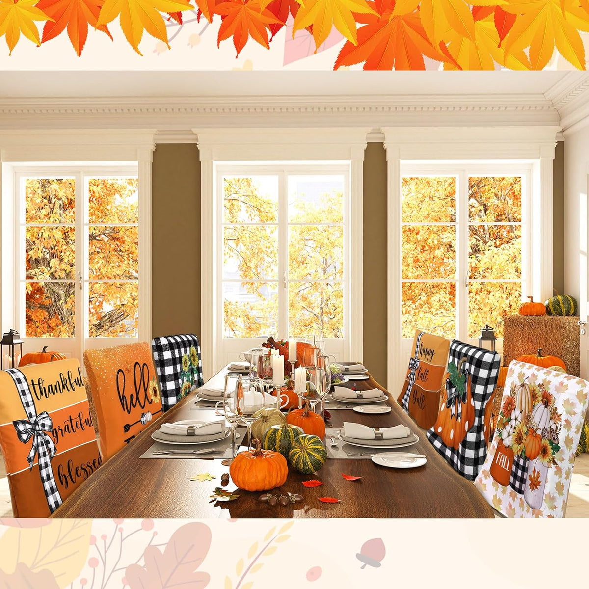 6 Pcs Fall Chair Covers, Maple Leaves Dining Chair Slipcovers