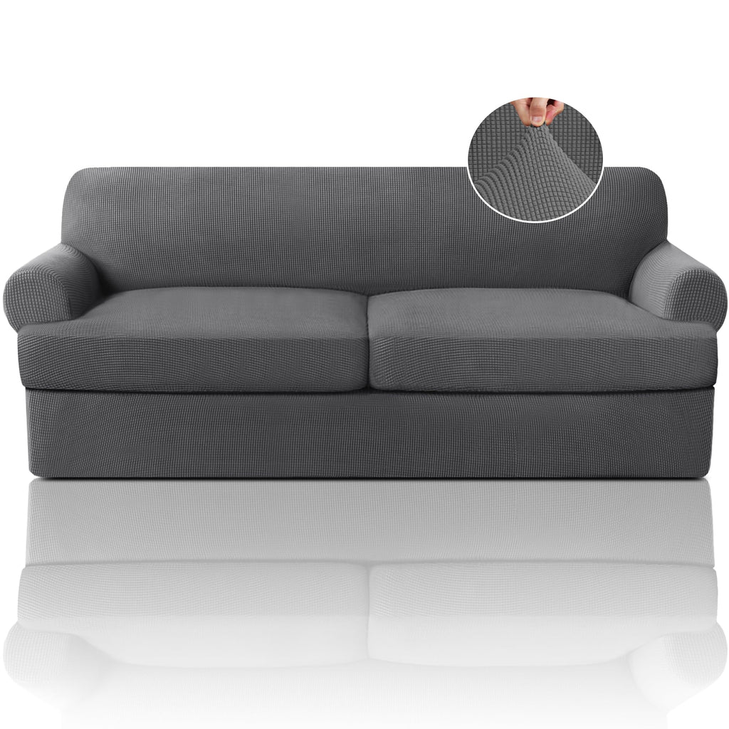 PrinceDeco T Cushion Loveseat Slipcover - 3 Pieces Sofa Cover for 2 Cushion Couch with 2 Individual T Shape Seat Covers Width Up to 76 Inch - Stretch, Machine Washable, Porcelain