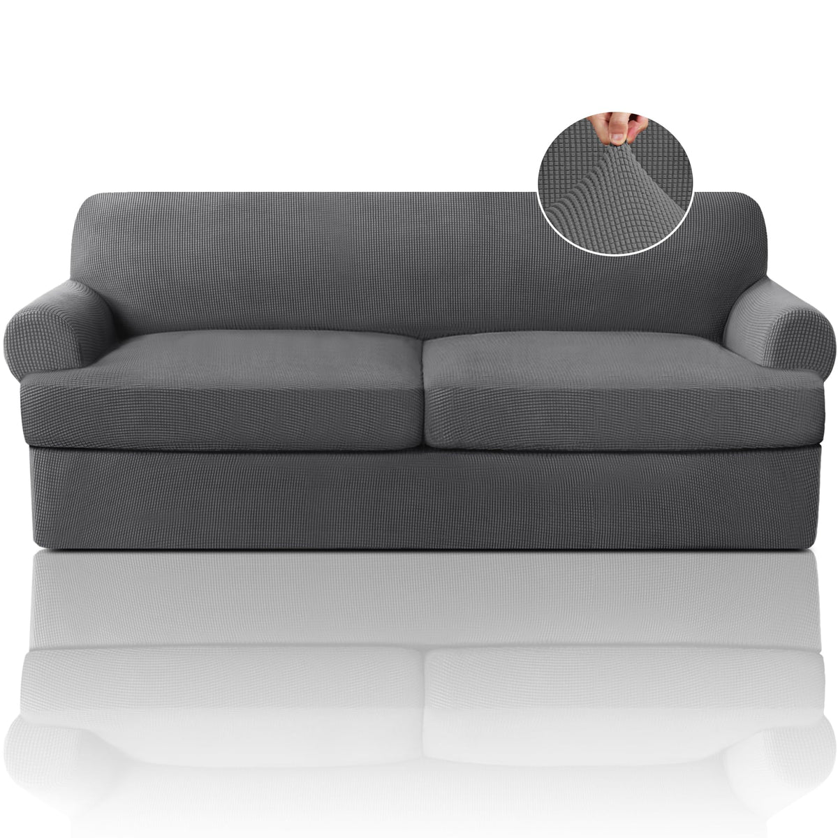 PrinceDeco T Cushion Loveseat Slipcover - 3 Pieces Sofa Cover for 2 Cushion Couch with 2 Individual T Shape Seat Covers Width Up to 76 Inch - Stretch, Machine Washable, Porcelain