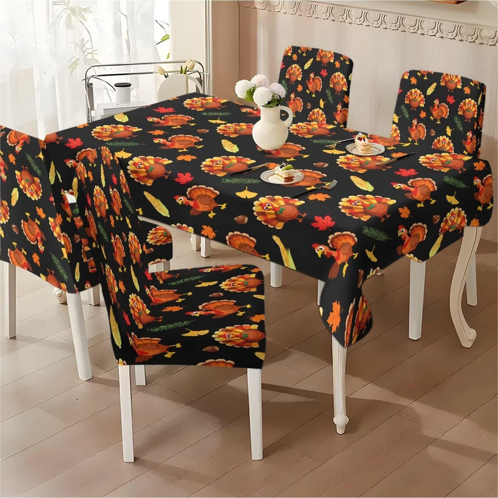 Thanksgiving Themed Dining Room Chair Cover and Tablecloths 5 Packs, Fall Leaf Print Kitchen Chair Seat Slipcovers Anti-Wrinkle Table Protector for Thanksgiving Day Party