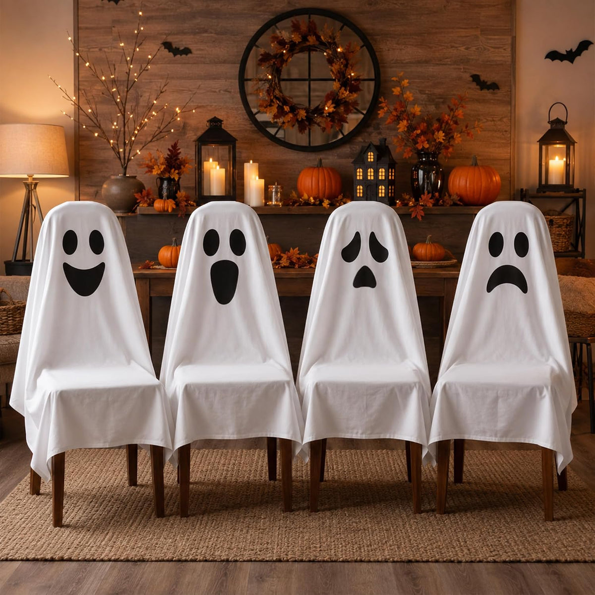 4 Pcs Halloween Chair Covers 59 × 63inch White Ghost Decor
