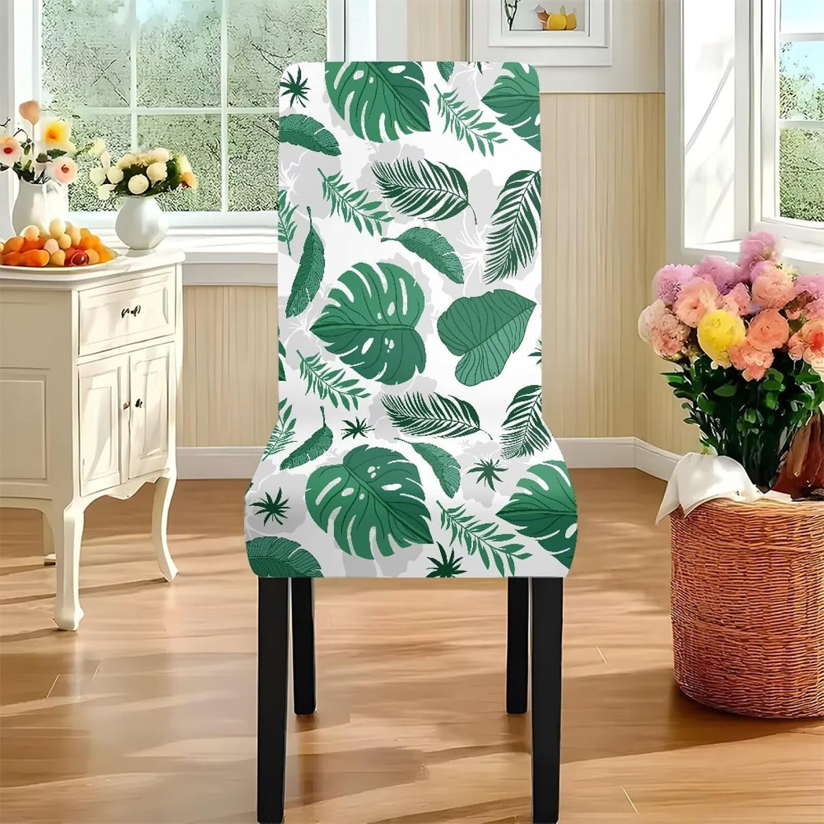 Palm Leaves Rectangular Table Cloth & Dining Chair Covers Set of 5, Stain Resistant Wipeable Chair Protectors for Farmhouse Rustic Home Kitchen Party Decor