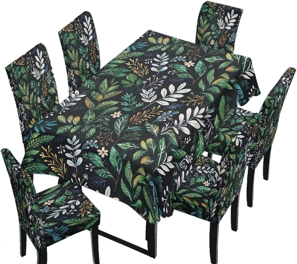 Table Cloth Rectangle Table Set of 7 Include Kitchen Chair Covers and Tablecloths for Dining Room Hotel Banquet, Anti-Scratch Chair Seat Protector Cover, Daisy Hippie Flower Print