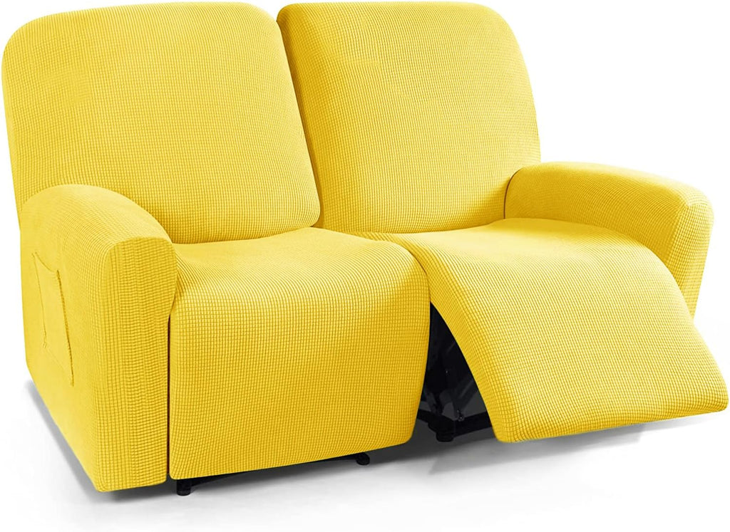 CONRUSER Stretch Recliner Loveseat Cover, 6 Pieces Recliner Slipcovers Soft Couch Cover for 2 Seater Non-Slip Furniture Protector with Pocket (Yellow)