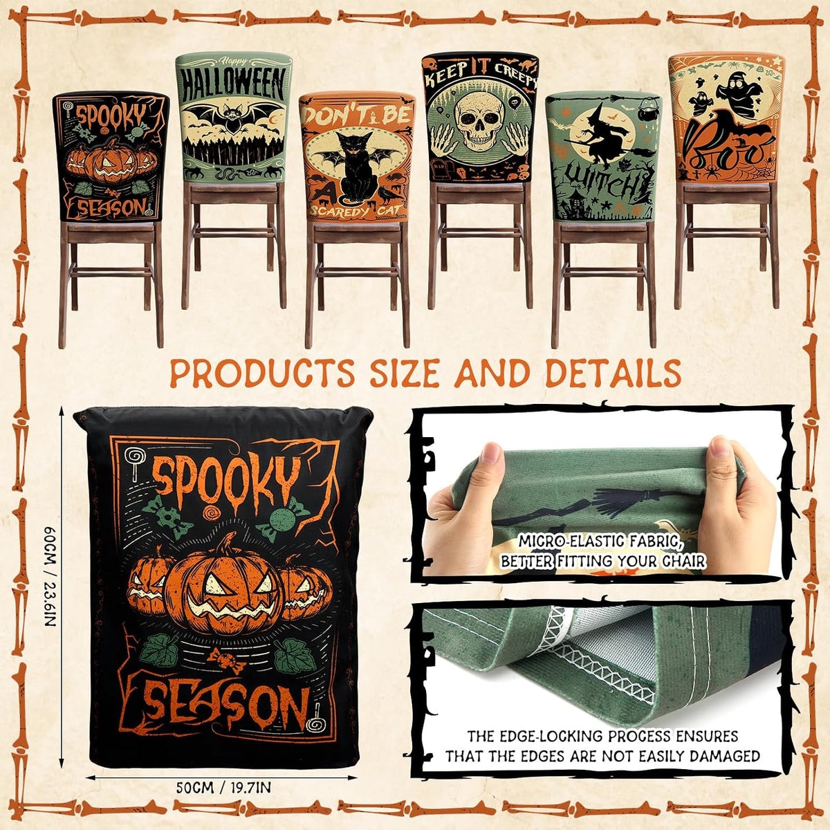 Moukeren 6 Pcs Halloween Chair Cover Set Gothic Halloween Decor Stretch Dining Chair Back Covers Witch Skeleton Pumpkin Black Cat Bat Seat Covers Farmhouse Dining Seat Protector for Home Kitchen Decor