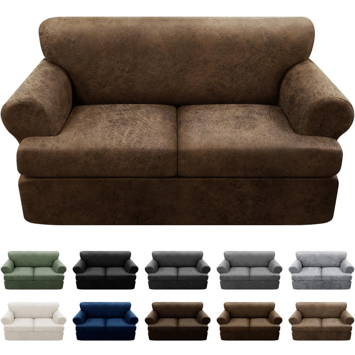 3-Pieces T Cushion Loveseat Slipcovers Leather Look Couch Cover Loveseat Covers for 2 Cushion Couch Furniture Protector Stretch Sofa Cover with 2 Individual T Cushion Seat Covers, Brown
