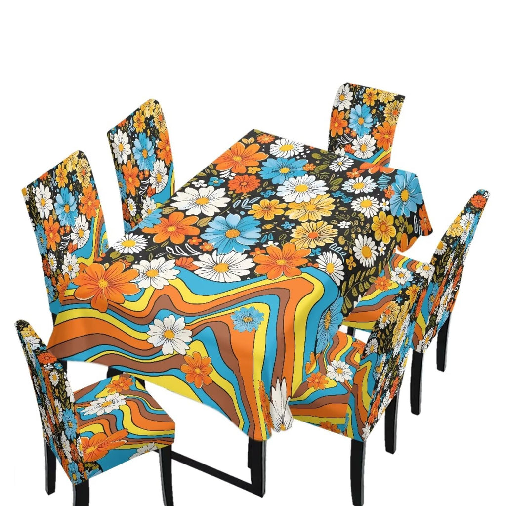 Table Cloth Rectangle Table Set of 7 Include Kitchen Chair Covers and Tablecloths for Dining Room Hotel Banquet, Anti-Scratch Chair Seat Protector Cover, Daisy Hippie Flower Print