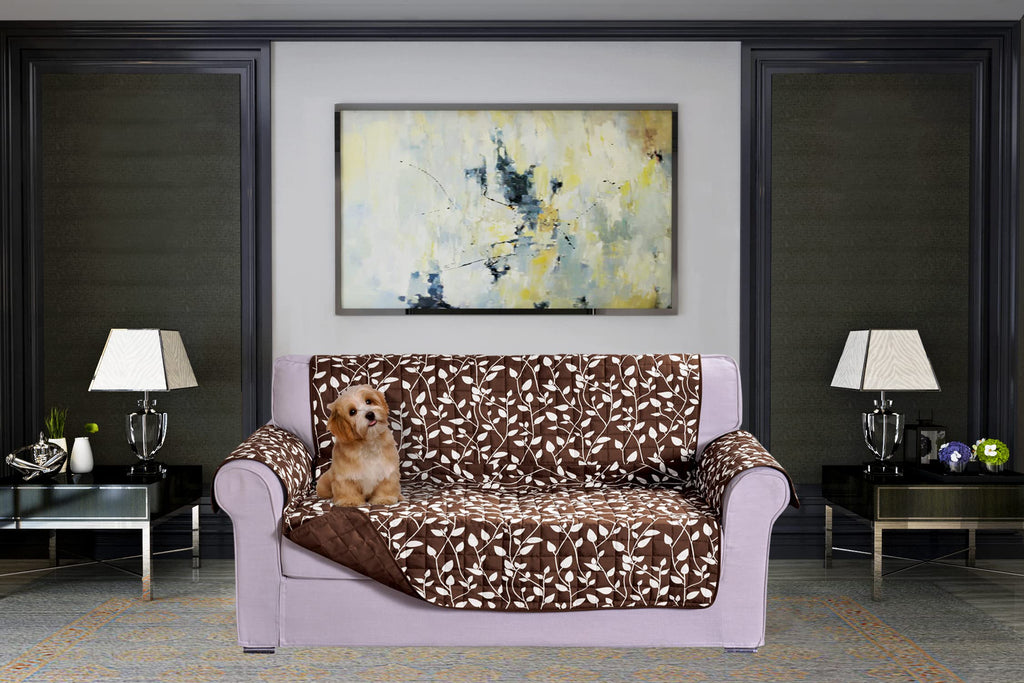 Elegant Comfort Quilted Furniture Protectors Solid and Printed Design Reversible Slipcovers Featuring Elastic Straps and Smart Pockets Great for Pets, Kids and More, Smart Leaf Loveseat, Sage