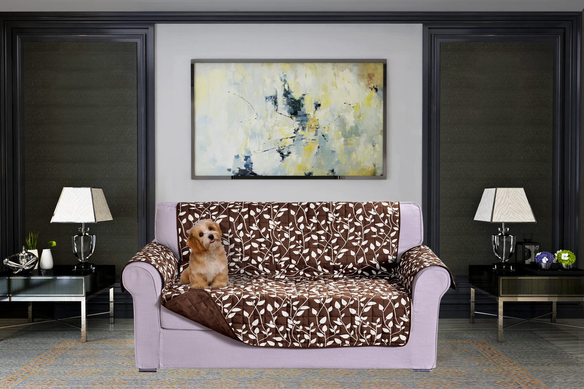 Elegant Comfort Quilted Furniture Protectors Solid and Printed Design Reversible Slipcovers Featuring Elastic Straps and Smart Pockets Great for Pets, Kids and More, Smart Leaf Loveseat, Sage