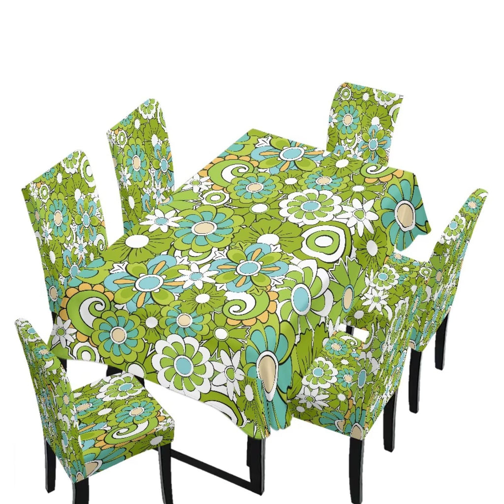 Table Cloth Rectangle Table Set of 7 Include Kitchen Chair Covers and Tablecloths for Dining Room Hotel Banquet, Anti-Scratch Chair Seat Protector Cover, Daisy Hippie Flower Print