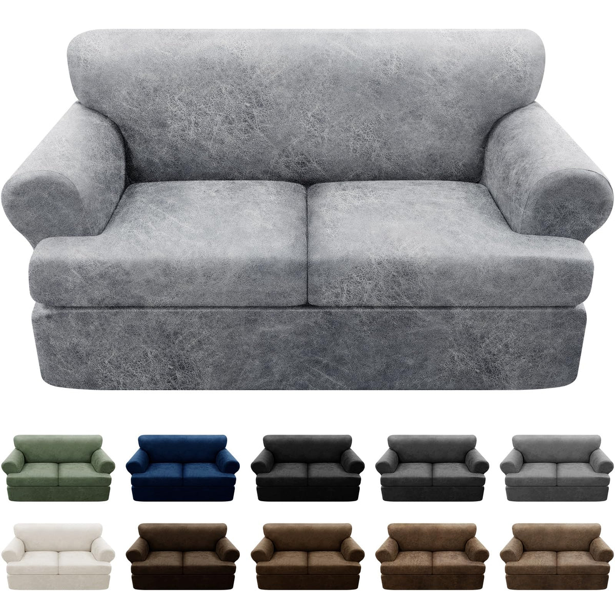 3-Pieces T Cushion Loveseat Slipcovers Leather Look Couch Cover Loveseat Covers for 2 Cushion Couch Furniture Protector Stretch Sofa Cover with 2 Individual T Cushion Seat Covers, Brown