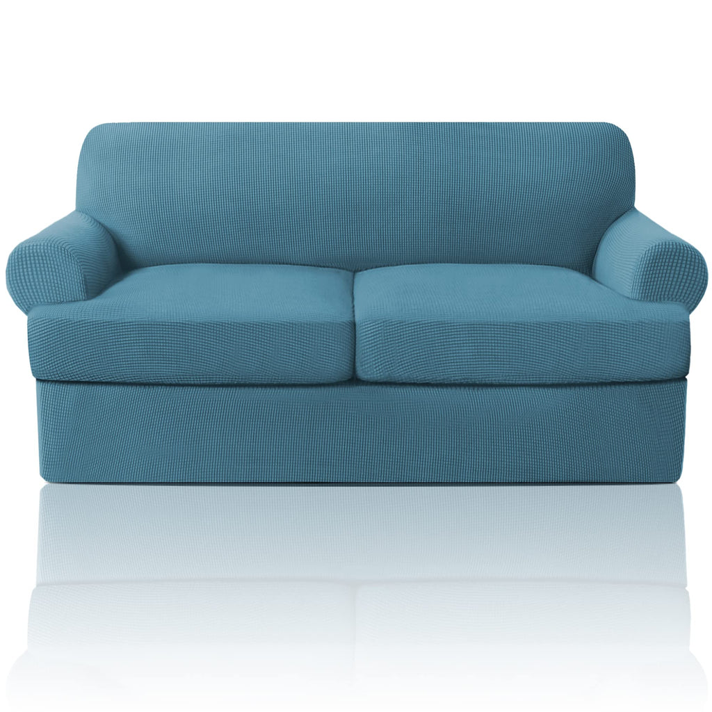 PrinceDeco T Cushion Loveseat Slipcover - 3 Pieces Sofa Cover for 2 Cushion Couch with 2 Individual T Shape Seat Covers Width Up to 76 Inch - Stretch, Machine Washable, Porcelain