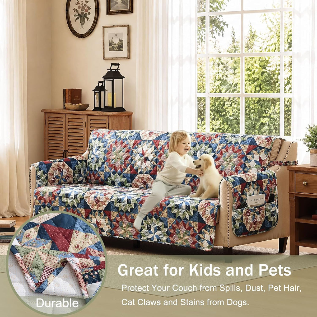 Patchwork Loveseat Covers for 2 Cushion Couch, Soft Quilted Couch Covers, Love Seat Couch Cover Pet Friendly for Sofa Couches, Washable Loveseat Slipcovers (Loveseat 48", Patchwork Red)