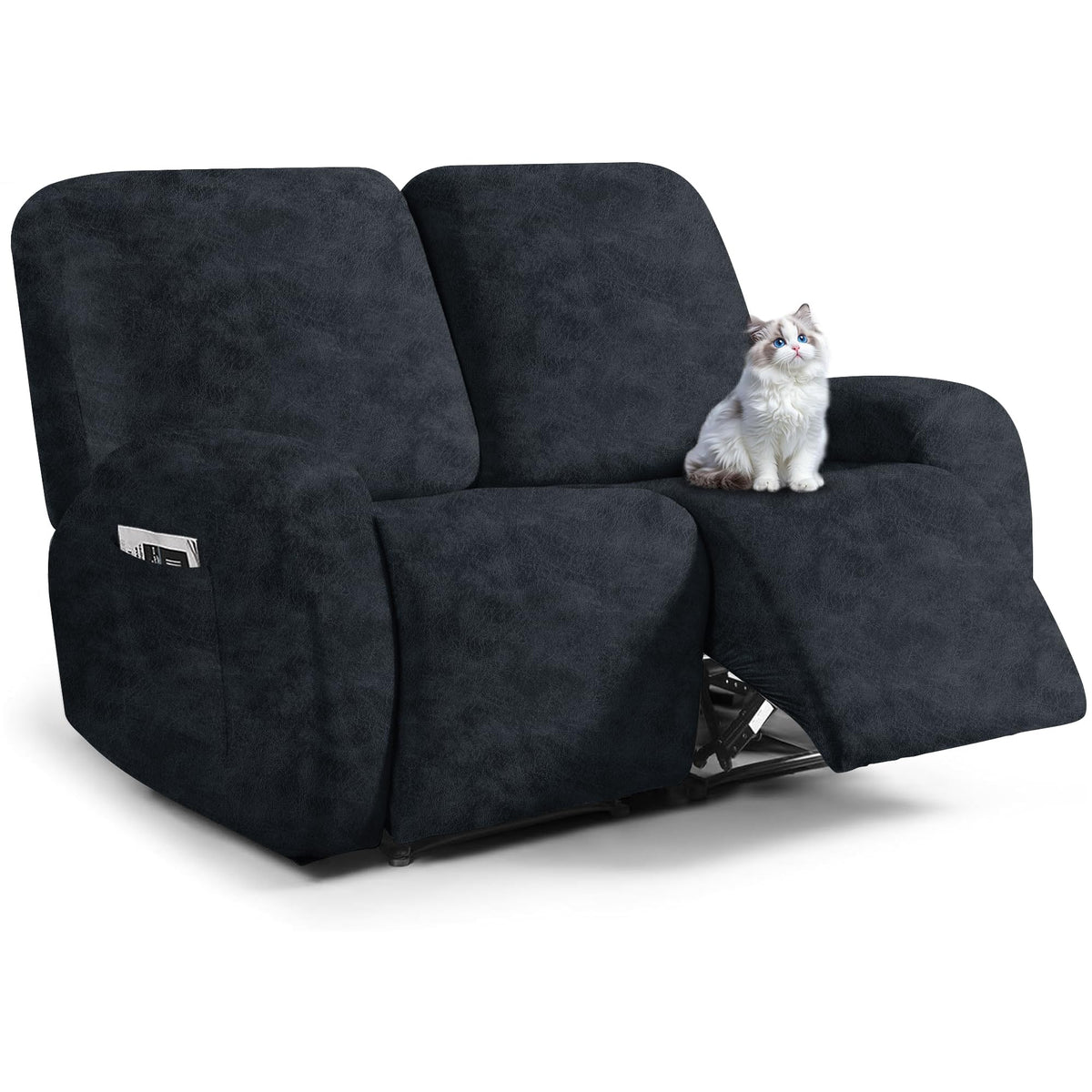 ANARACHON Leather Look Loveseat Recliner Cover, 6-Pieces Stretch Dual Recliner Sofa Covers, Soft Reclining Couch Slipcover, Washable Furniture Protector for Pets (2 Seater,256 Black)