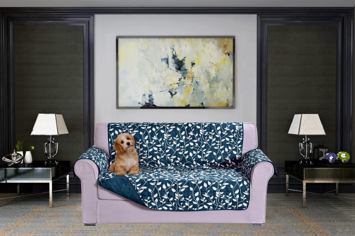 Elegant Comfort Quilted Furniture Protectors Solid and Printed Design Reversible Slipcovers Featuring Elastic Straps and Smart Pockets Great for Pets, Kids and More, Smart Leaf Loveseat, Sage