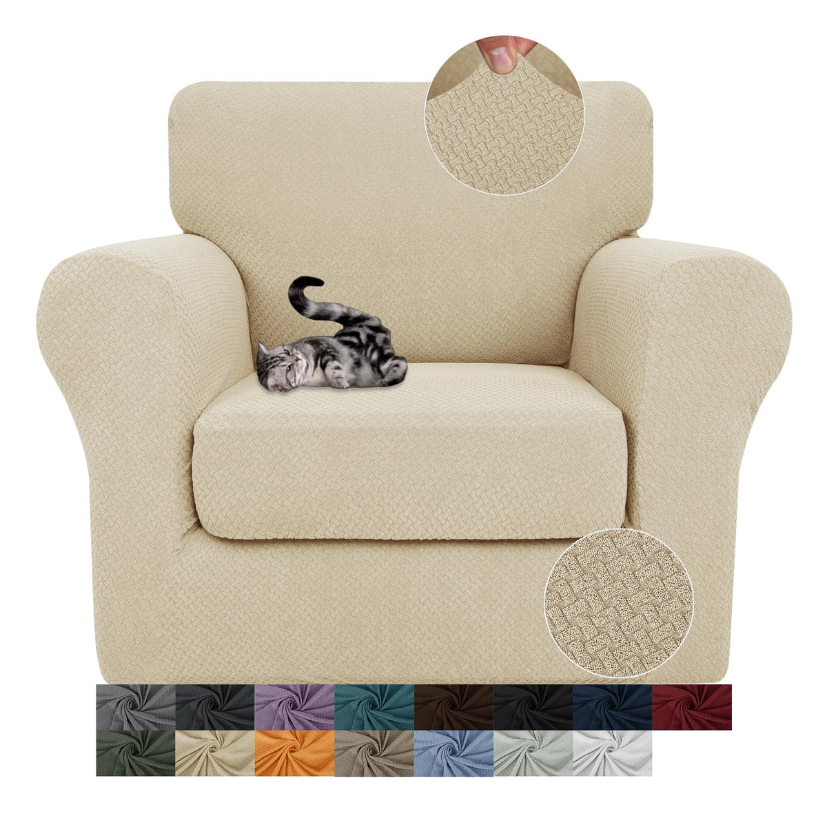 JIVINER 3 Pieces Stretch Couch Covers for 2 Cushion Couch Fitted Thick Loveseat Sofa Slipcover with 2 Seat Cushion Covers for Living Room Pet Dogs (Loveseat, Off White)