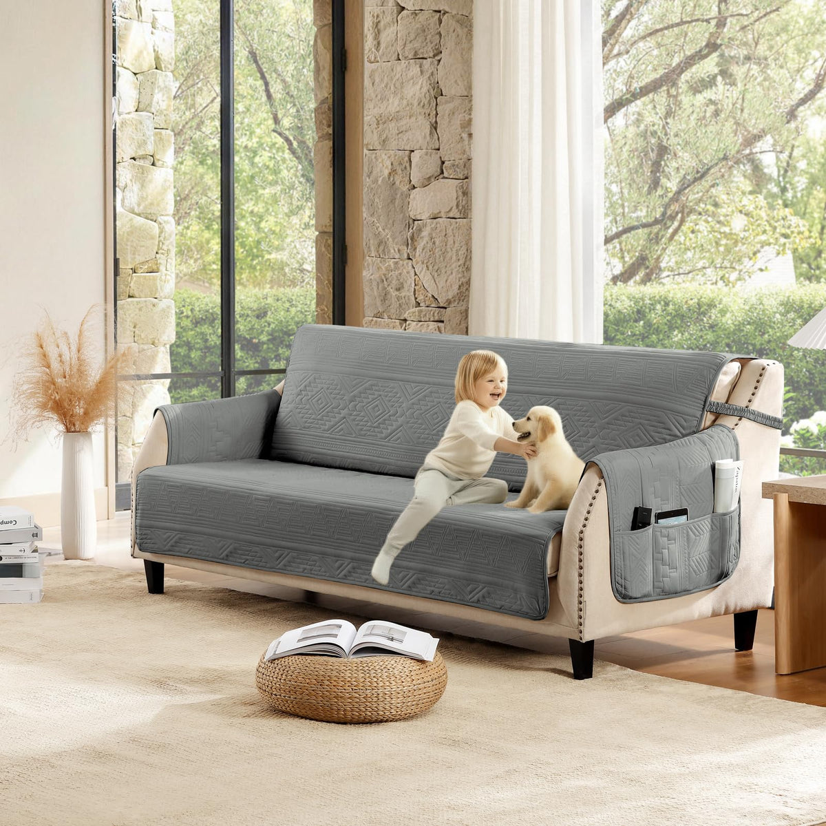 Boho Olive Green Loveseat Covers for 2 Cushion Couch, Water-Repellent Aztec Covers for Love Seat, Washable Quilted Couch Covers, Pet Friendly Loveseat Slipcovers (Loveseat 48", Olive Green)