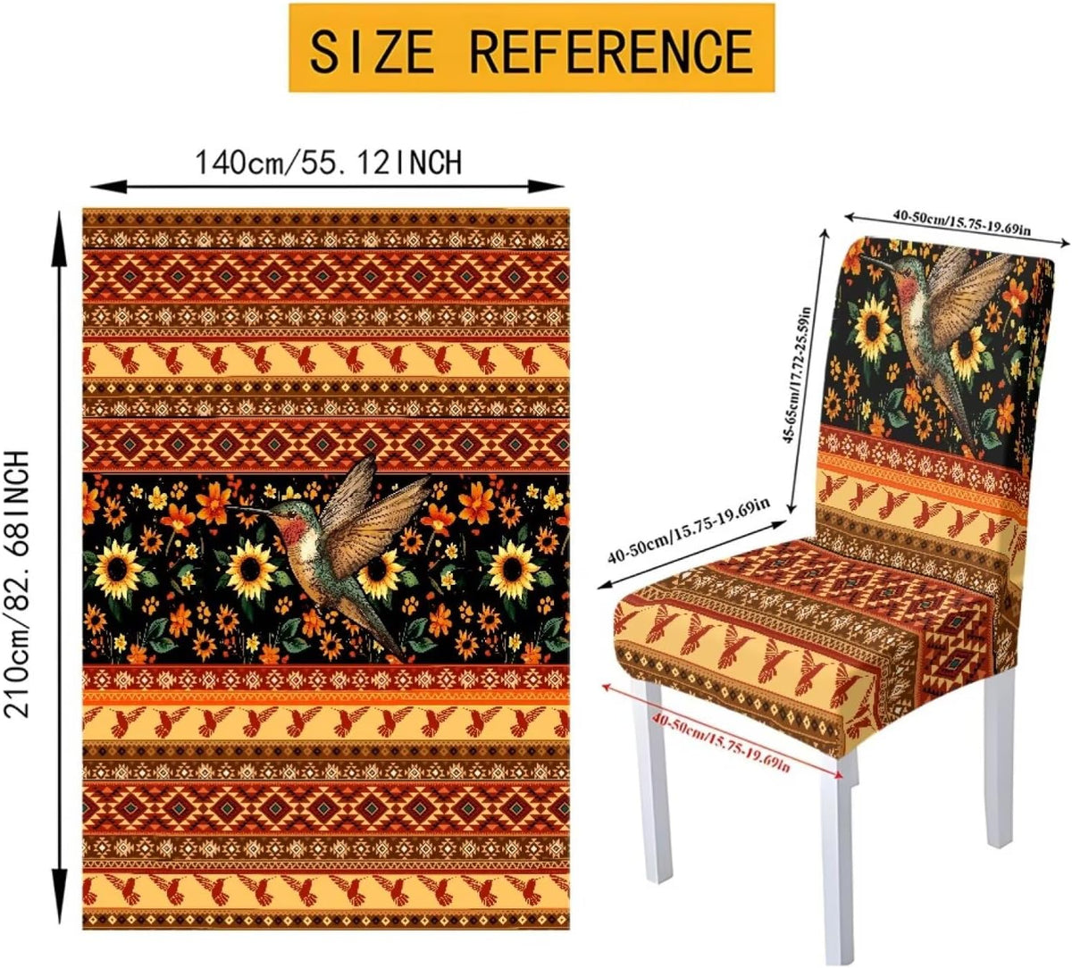 Table Cloth Rectangle Table Set of 5 Include Dining Chair Covers and Tablecloths for Dining Room Banquet, Anti-Scratch Chair Seat Protector Cover, Hummingbird Sunflower Tribe Print