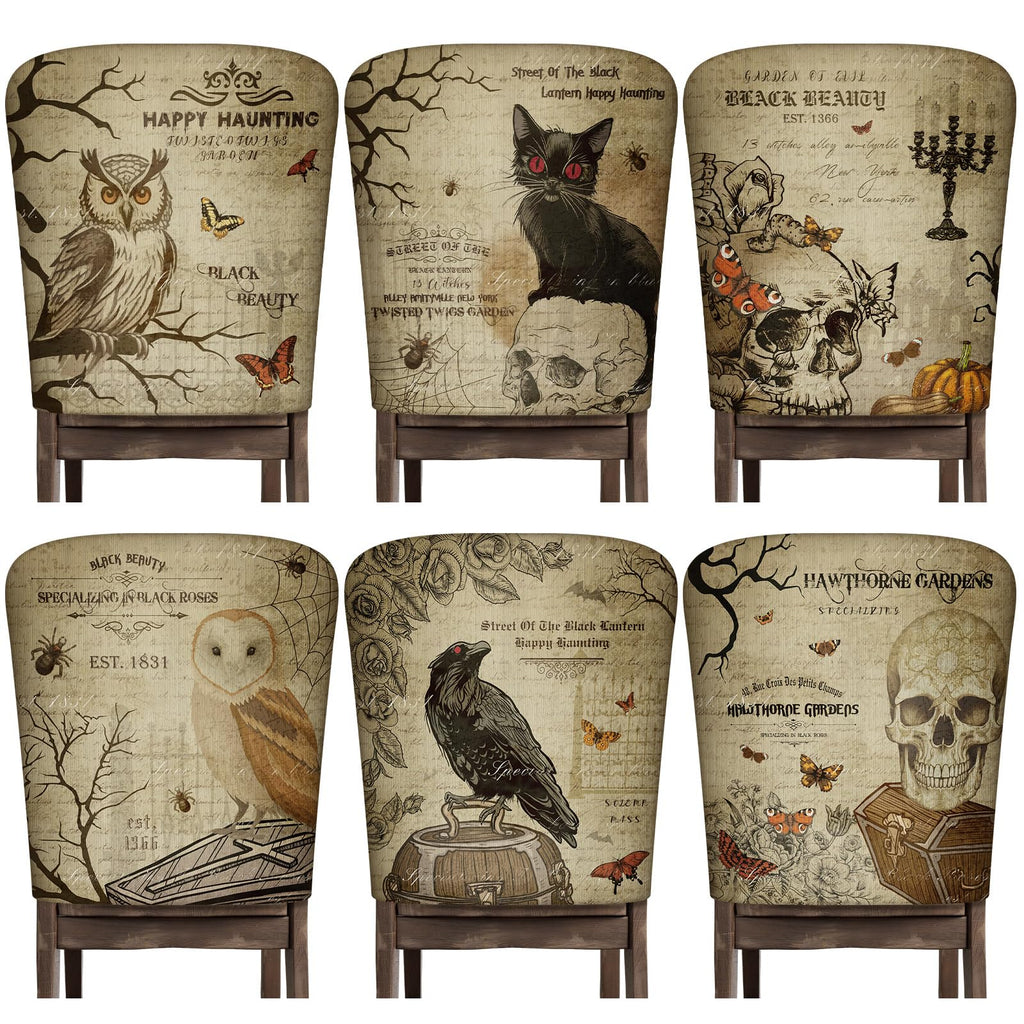 Moukeren 6 Pcs Halloween Chair Cover Set Gothic Halloween Decor Stretch Dining Chair Back Covers Witch Skeleton Pumpkin Black Cat Bat Seat Covers Farmhouse Dining Seat Protector for Home Kitchen Decor