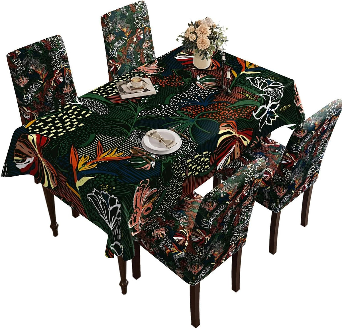 Table Decoration,Tropical Plant Pattern, Removable and Washable, Suitable for Home, Restaurant, Hotel Chair Decoration 1,a378 (4PC Chair Cover+1PC Tablecloth)