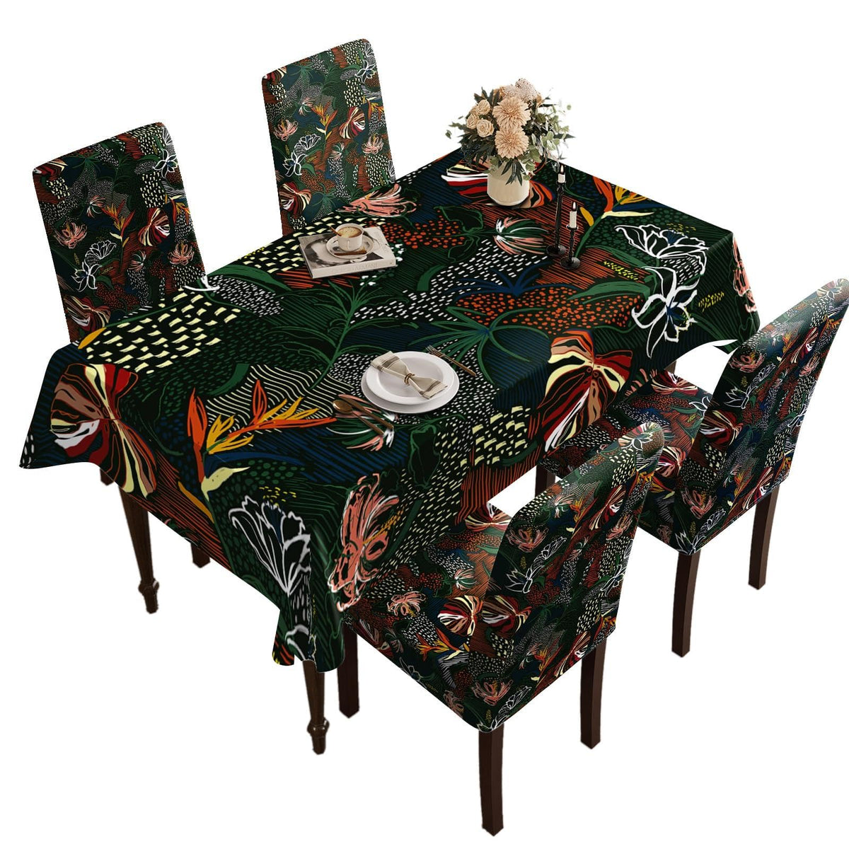 Table Decoration,Tropical Plant Pattern, Removable and Washable, Suitable for Home, Restaurant, Hotel Chair Decoration 1,a378 (4PC Chair Cover+1PC Tablecloth)