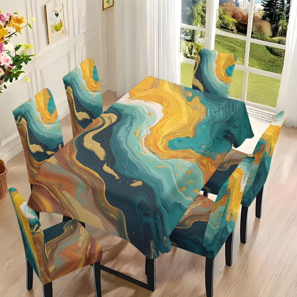 Table Cloth Rectangle Table Set of 7 Include Dining Chair Covers and Tablecloths for Dining Room Kitchen Banquet, Anti-Scratch Chair Seat Cover, Fluid Marble Print Green Gold Brown