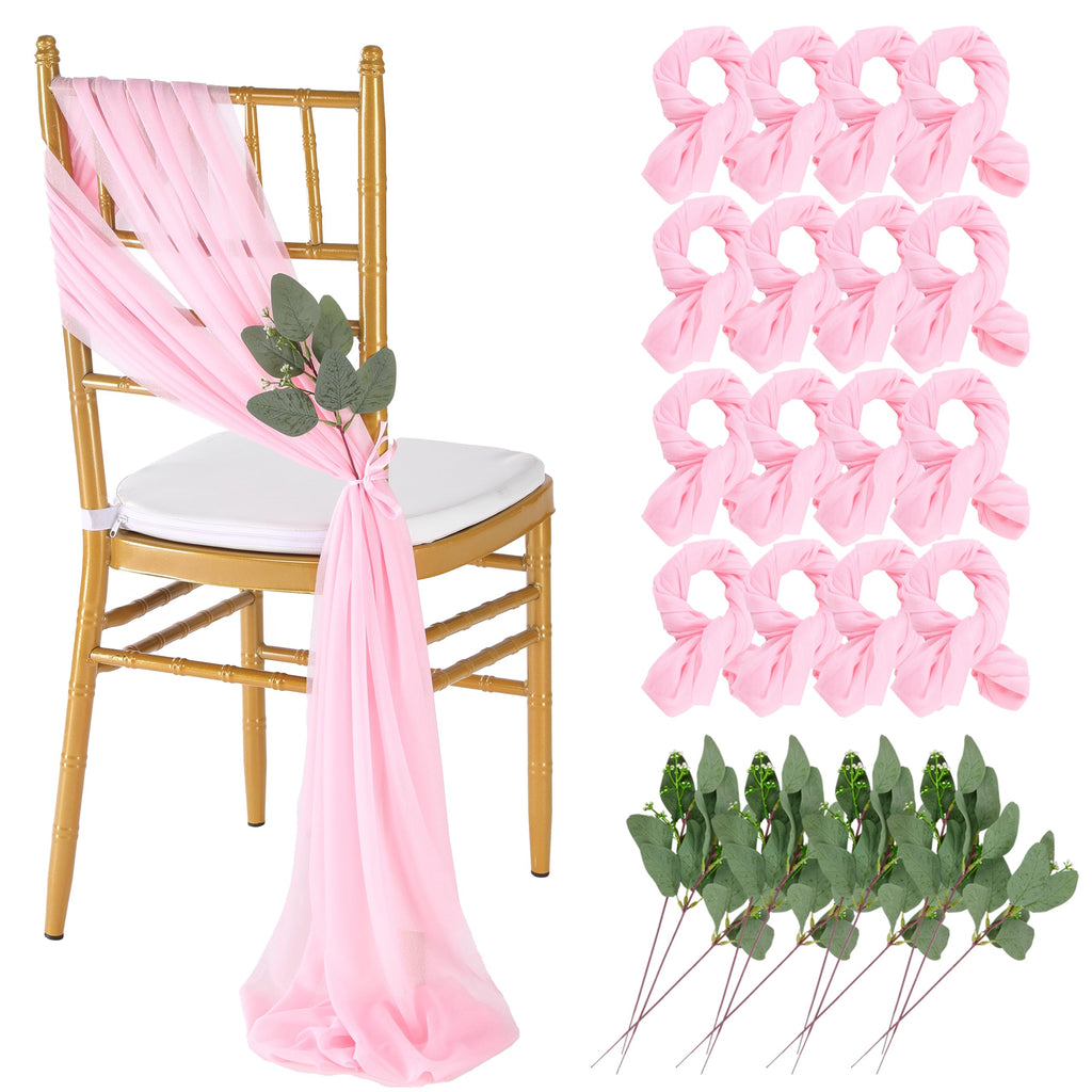 QueenDream White Chair Sashes Wedding Aisle Decorations: 24 Packs 8ft Long Draping Fabric Sheer Church Chair Cover Bulk for Party Banquet