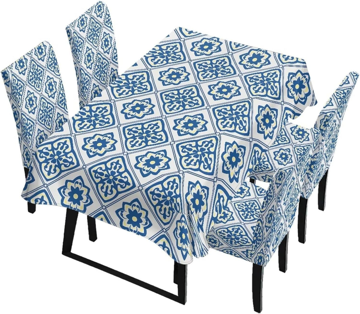 Blue Floral Rectangular Table Cloth & Dining Chair Covers Set of 5, Stain Resistant Wipeable Chair Protectors for Farmhouse Rustic Home Kitchen Party Decor