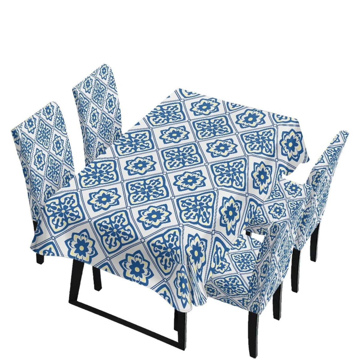 Blue Floral Rectangular Table Cloth & Dining Chair Covers Set of 5, Stain Resistant Wipeable Chair Protectors for Farmhouse Rustic Home Kitchen Party Decor